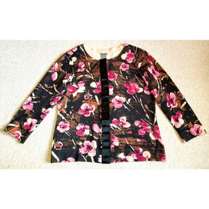 Womens Sweater-ANN TAYLOR-brown/pink floral silk/cashmere cardigan 3/4 slv-M